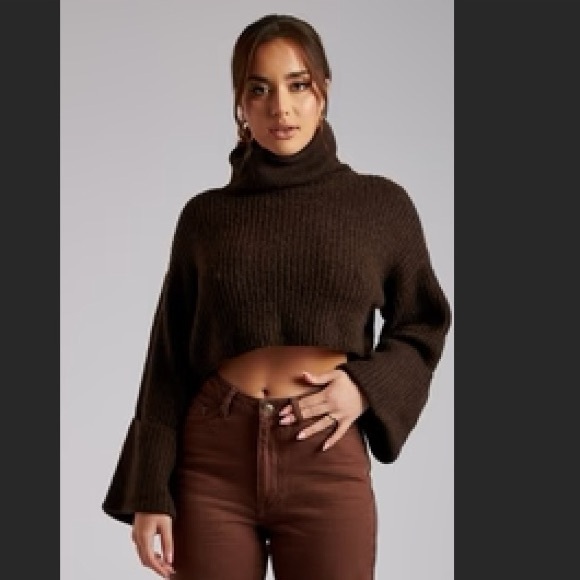 Meshki Sweaters - Kayla Roll Neck Knit Cropped Jumper - Chocolate
